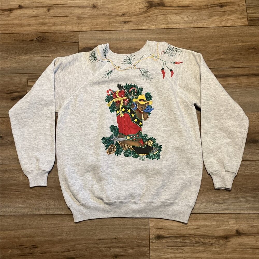 Christmas Cowboy Boot Sweatshirt SZ Large Gray Southwestern Holiday Tacky